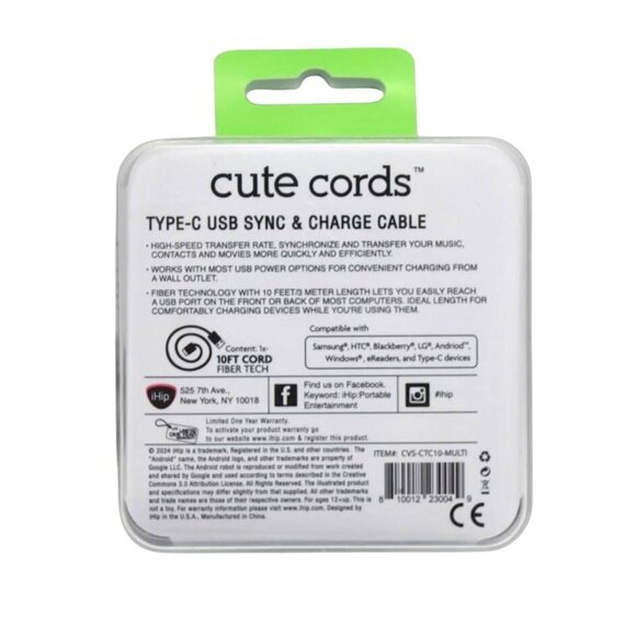 iHip Cute Braided 10ft Type-C USB Sync Charge Cable High Speed - Picture 3 of 3